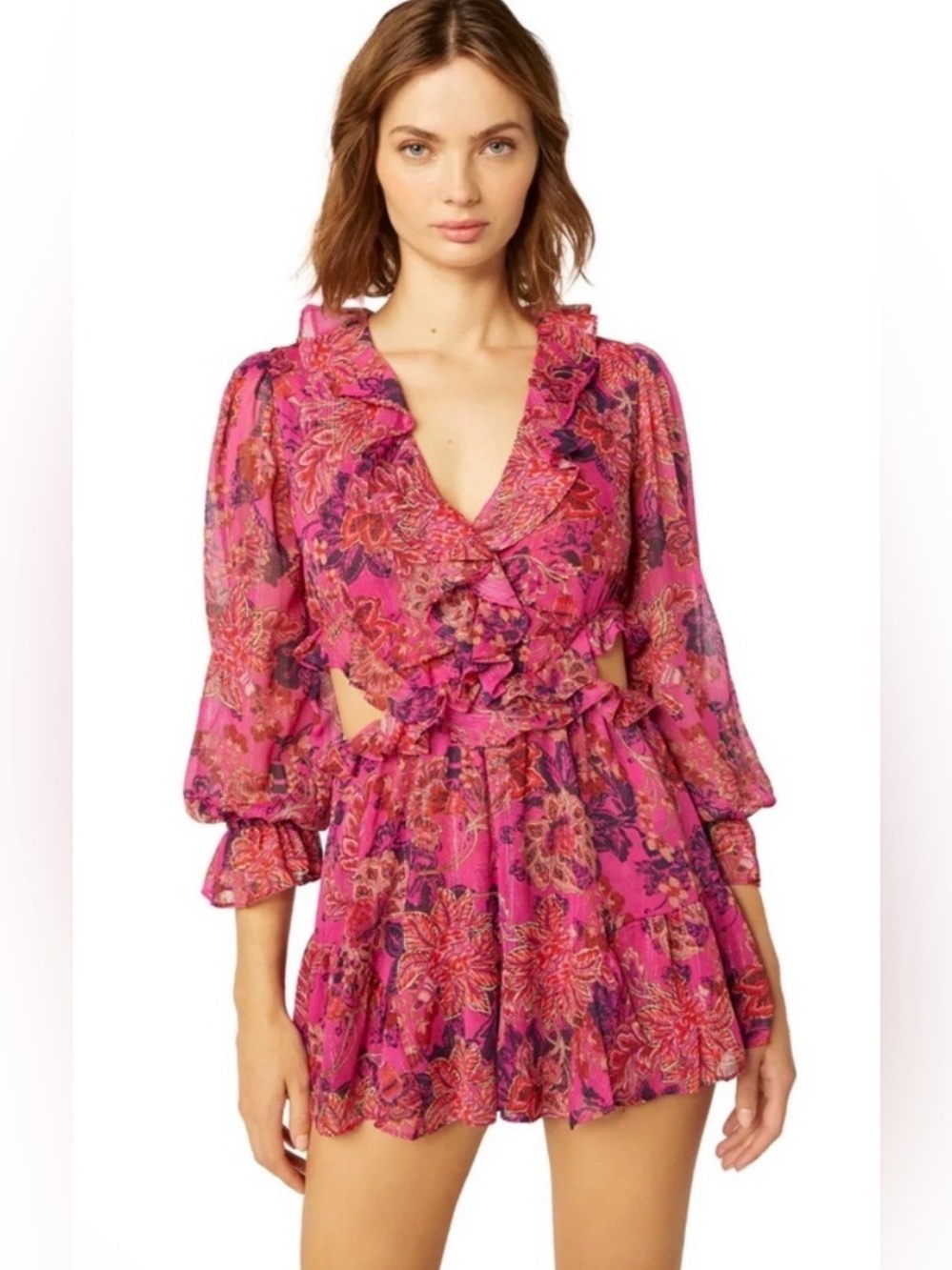 MISA Los Angeles Azalea Cutout Romper Pink Batik Lurex NWT Size Small
